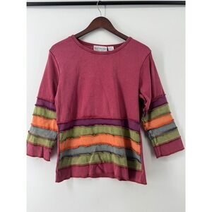 Bleu Bayou Women Burgundy Cotton Tiered Ruffle 3/4 Sleeve Boho Top Large